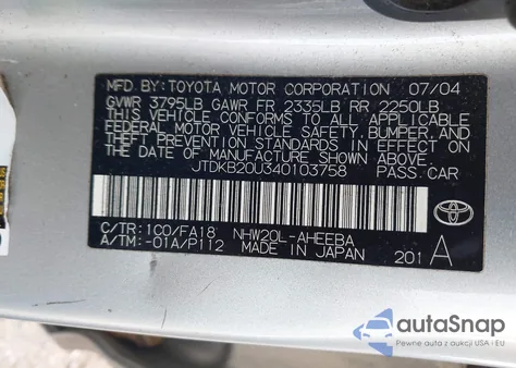 2004 Toyota Prius z USA, uszkodzony, nr VIN JTDKB20U340103758
